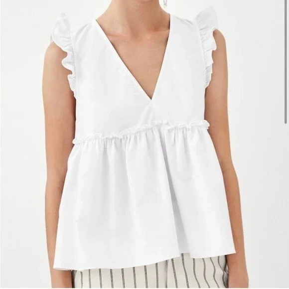Zara Trf White Babydoll Plunge V-Neck Tiered Sleeveless Top - Picture 1 of 5